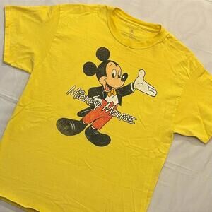 💛 Modern Disney Mickey Mouse Tee L Yellow Faux Vintage Distressed